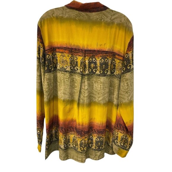 Vtg Chicos Silk Button Up Shirt Yellow Red Tribal Aztec Tunic Long Sleeve Sz 2 M - Picture 5 of 6